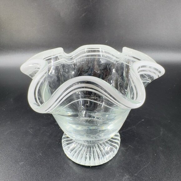 Vintage Glass Dish Bowl Clear White Ruffles Scroll Footed Base Candy Dish VTG - Picture 7 of 12